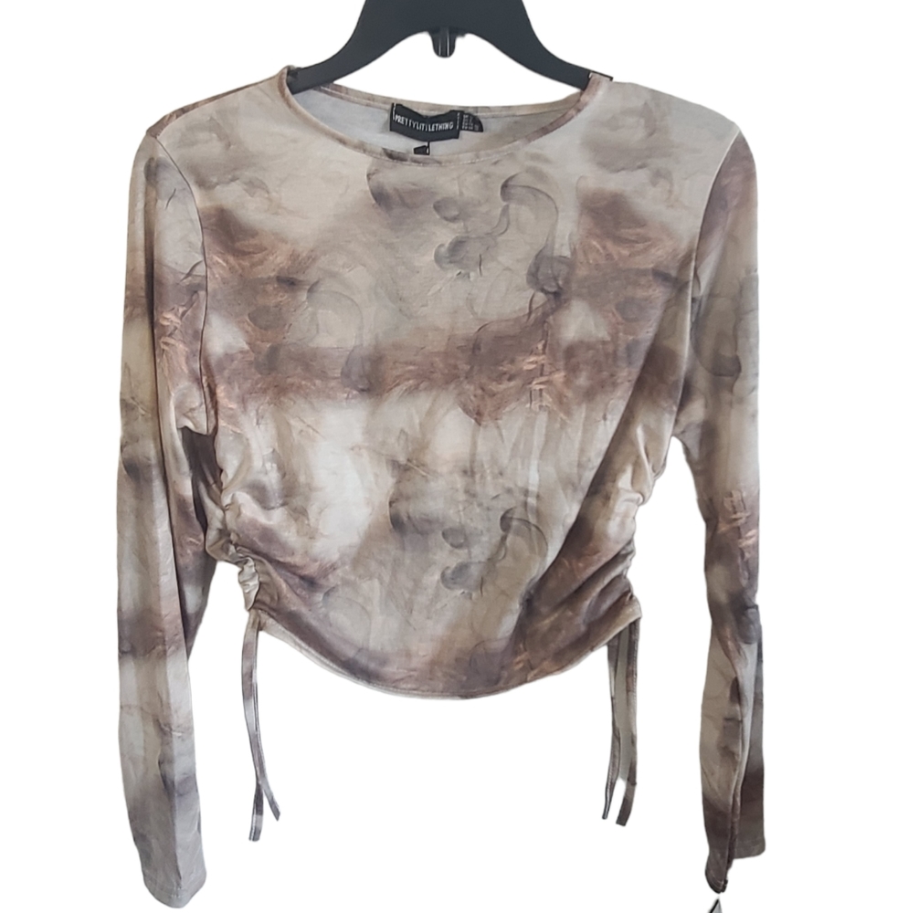NWT Pretty Little Things Beige Jersey Tie Ruched Side Long Sleeve Crop Top